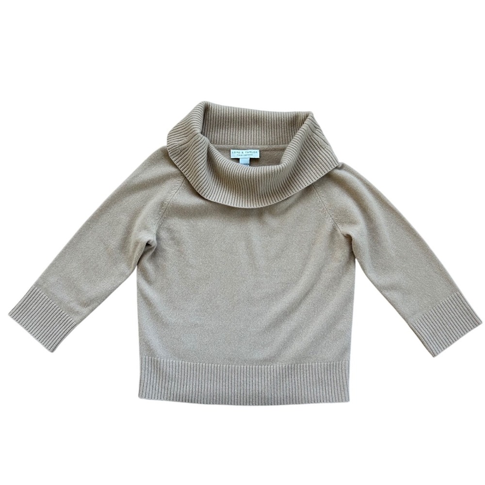 Lord & Taylor Two Ply Cashmere Cowl Neck Sweater Camel Tan 3/4 Sleeve‎ Small